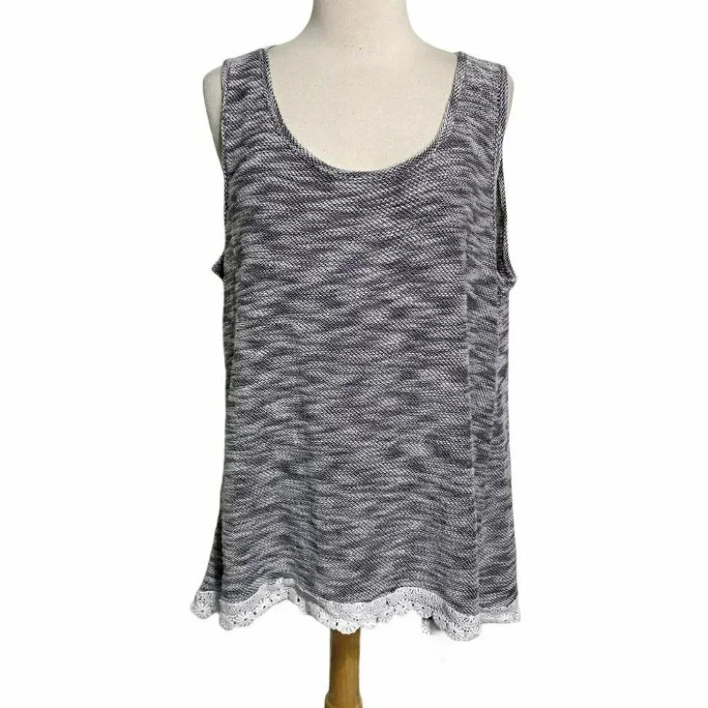 Attention‎ Tank Top XL Gray Space Dye Lace Trim High Low Scoop Neck Sleeveless